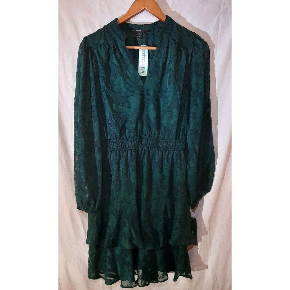 Maggy London Smocked Long-Sleeve Mini Dress Size 10 New Split V-neck